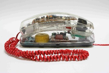 Phone, Single Line, TOUCH TONE, RED HANDSET & LINE CORDS, SEE-THROUGH, PLASTIC, CLEAR