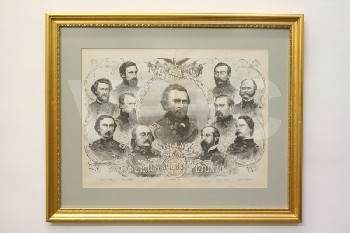Art, Americana, CLEARABLE,ULYSSES S.GRANT & GENERALS,GOLD FRAME,NON-GLARE GLASS, WOOD, GREY