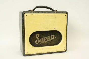 Audio, Amplifier, VINTAGE (1950s) SPEAKER, GREY PEARLOID SIDES, LEATHER HANDLE, AGED, PLASTIC, YELLOW