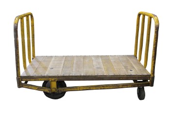 Cart, Misc, VINTAGE,INDUSTRIAL,POST OFFICE/MAIL/RAILROAD PLATFORM CART, ROUNDED METAL END BARS, WOOD FLAT DECK - Multiples Available, METAL, YELLOW