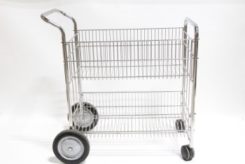 Cart, Misc, UTILITY/PULL/MAIL CART WITH 2 WIRE LEVELS,LARGE & SMALL WHEELS, HANDLE, METAL, SILVER