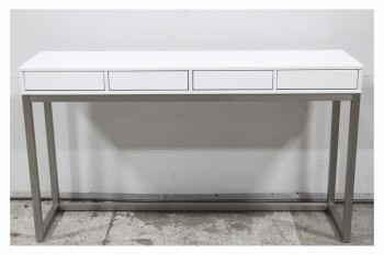 Table, Console, SOFA / HALL TABLE, SMALL LOBBY RECEPTION DESK / WORK STATION, 4 PUSH OPEN / SOFT CLOSE DRAWERS, CONNECTED BRUSHED STAINLESS LEGS, LACQUER, WHITE