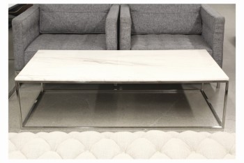 Table, Coffee Table, MODERN, RECTANGULAR, WHITE MARBLE TOP W/GREY VEINS, CHROME CONNECTED LEGS, MARBLE, WHITE
