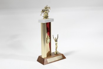 Trophy, Animal, HORSE RACING,VICTORY PERSON,RED & GOLD COLUMN W/SHIELD, WOOD BASE, 1984, PLASTIC, GOLD