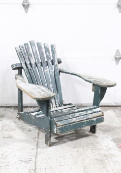 Chair, Lawn, ADIRONDACK / MUSKOKA STYLE OR SIMILAR, RECTANGULAR ANGLED BACK, WOOD PLANK CONSTRUCTION, RUSTIC, OUTDOOR / LAWN / DECK, WEATHERED, AGED, PAINT CHIPPED, WOOD, GREEN