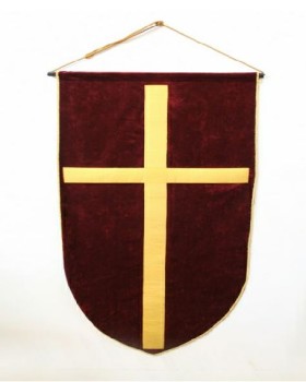 VERTICAL BANNER, BOTTOM POINTED, GOLD COLOURED CROSS, CHURCH, RELIGIOUS, 6FT ROPE FOR HANGING, Textiles