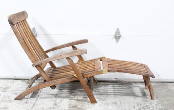 Chair, Misc, TEAK OR SIMILAR WOOD, OUTDOOR / LAWN / PATIO LOUNGER W/ARMS, SLATS, FOLD OUT FOOT REST, BRASS HINGES, FOLDING, AGED, WOOD, BROWN