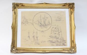 Art, Drawing, CLEARABLE, SKETCHES, ILLUSTRATIONS, SHIPS, BOATS, SLOOPS, SCHOONERS, ROPE, MARINE, NAUTICAL, GOLD COLOURED ORNATE FRAME, SEPIA