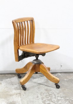 Chair, Office, GREEN SEAT, ROUNDED 6 SPINDLE BACK, ROLLING VINTAGE DESK CHAIR, OAK OR SIMILAR, WOOD, BROWN