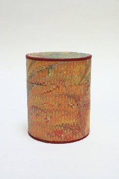 Decorative, Container, CYLINDRICAL W/LID, BURGUNDY FABRIC TRIM & INTERIOR, CARDBOARD, MULTI-COLORED