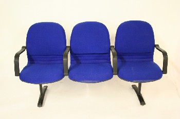 Bench, Seats, 3 BLUE UPHOLSTERED TANDEM SEATS, BLACK PLASTIC ARMS, BLACK METAL LEGS, VINTAGE, FABRIC, BLUE