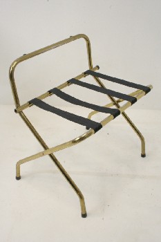 Stand, Luggage, HOTEL LUGGAGE/SUITCASE STAND, FOLDING W/BLACK STRAPS, METAL, BRASS