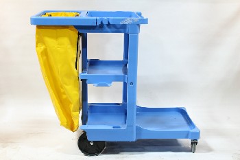 Cart, Cleaning, 3 LEVELS, LOWER OUTER SHELF, YELLOW TRASH BAG, JANITOR, HOUSEKEEPING, ROLLING, PLASTIC, BLUE
