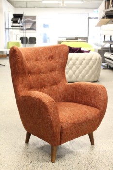 Chair, Armchair, MODERN, LOUNGE, HIGH BACK, CURVED ARMS, BUTTON TUFTED, TWEED UPHOLSTERY, BROWN WOOD WALNUT LEGS, FABRIC, ORANGE