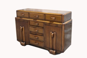 Cabinet, Wood, ANTIQUE, ART DECO SIDEBOARD, 7 DRAWERS (3 ALONG TOP, 4 DOWN CENTRE) & 2 DOORS, CARVED BORDERS, CURVED PULLS, WOOD, BROWN