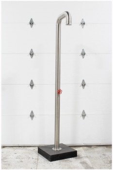 Plumbing, Miscellaneous, NEARLY 8FT FREESTANDING BRUSHED STEEL PIPE SHOWER W/RED KNOB & BENT TOP, BLACK WOOD BASE ADDED (4x20x20