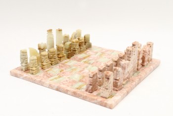 Game, Chess, VINTAGE CHESS BOARD W/DARK & LIGHT SQUARES, INCLUDES FULL SET OF 32 AZTEC CARVED PIECES (x16 WHITE/BROWN, x16 PINK) - *Must Be Returned With All Pieces*, MARBLE, WHITE