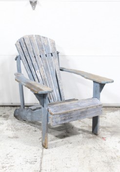 Chair, Lawn, ADIRONDACK / MUSKOKA STYLE OR SIMILAR, RECTANGULAR ROUNDED BACK, WOOD PLANK CONSTRUCTION, RUSTIC, OUTDOOR / LAWN / DECK, WEATHERED, AGED, PAINT CHIPPED, WOOD, BLUE