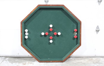 Table, Games, TOP TO GAMES TABLE, 1 OF 2, HAS 2 INTERCHANGEABLE TOPS W/ANTIQUE STYLE BASE W/4 CLAW FEET, BUMPER POOL OR TRABLETOP BILLIARDS W/RED & WHITE PCS ATTACHED TO GREEN FELT BOARD, WOOD, BROWN