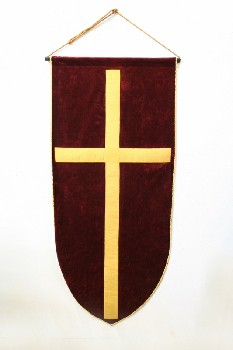 VERTICAL BANNER, BOTTOM POINTED, GOLD COLOURED CROSS, CHURCH, RELIGIOUS, 6FT ROPE FOR HANGING, Textiles