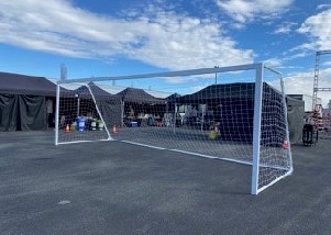 Sport, Misc, FULL EUROPEAN REGULATION SIZE SOCCER / FOOTBALL NET, 24FT CROSSBAR, WHITE METAL FRAME - Stored Disassembled At VPC. Condition Of Net May Not Be Identical. Frame May Require Minor Repairs., METAL, WHITE