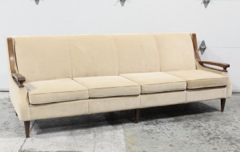 Sofa, Three Seat, MID CENTURY / VINTAGE VELVET COUCH, BROWN WOOD ARMS & LEGS, 4 CUSHIONS, 6 LEGS, VELVET, BROWN