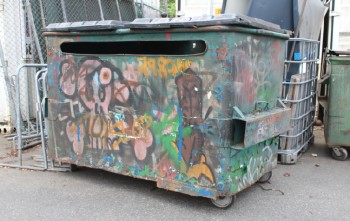 Garbage, Dumpster, MOVEABLE WASTE BIN / RECYCLING CONTAINER, HINGED BLACK PLASTIC LIDS & FRONT LOADING SLOT, MUNICIPAL / COMMERICAL, PAINTED, GRAFFITI, ROLLING - This Dumpster May Be Painted, Condition May Not Be Identical To Photo, METAL, GREEN