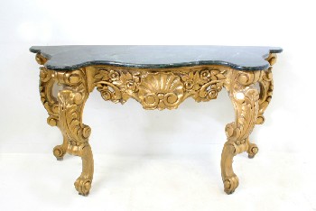 Table, Console, ORNATE SOFA/HALL TABLE,MAPLE, ELABORATE GOLD COLOURED ROCOCO STYLE CARVED APRON & LEGS, GREEN FAUX MARBLE TOP, WOOD, GREEN