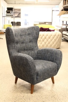Chair, Armchair, MODERN, LOUNGE, HIGH BACK, CURVED ARMS, BUTTON TUFTED, TWEED UPHOLSTERY, BROWN WOOD WALNUT LEGS, FABRIC, BLUE