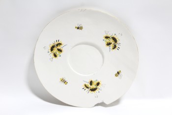 Decorative, Misc, OVERSIZED XL LIGHTWEIGHT TEA SAUCER/PLATE, YELLOW FLOWERS & BEES, PAINTED W/GOLD TRIM, CHIPPED, FOAM, WHITE