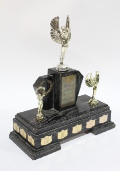 Trophy, Victory, 3 WINGED VICTORY FIGURES, WREATH, SMALL BRASS SHIELD SHAPED PLAQUES & LARGER RECTANGULAR PLAQUE, STEPPED WOOD BASE, VINTAGE, WOOD, GOLD