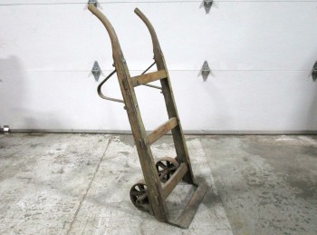 Tool, Hand Truck, ANTIQUE 2 HANDLE HAND CART, DOLLY, RUSTED FRAME, 2 METAL WHEELS, WOOD, NATURAL