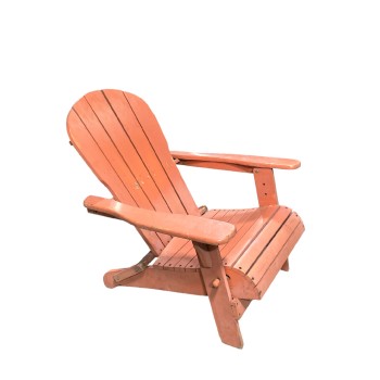 Chair, Lawn, ADIRONDACK/MUSKOKA STYLE OR SIMILAR, RECTANGULAR ROUNDED BACK, WOOD PLANK CONSTRUCTION, RUSTIC, OUTDOOR/LAWN/DECK, WEATHERED AND AGED, PAINT CHIPPED, LOW SMALL SEATING, FOLDING, WOOD, CORAL