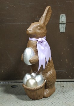 Seasonal, Misc, INDOOR OUTDOOR FAUX CHOCOLATE EASTER BUNNY, SILVER EGGS IN BASKET, LIGHT PURPLE RIBBON, FREESTANDING, HOLIDAY, LAWN, PLASTER, BROWN