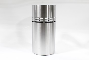 Umbrella, Stand, BRUSHED FINISH,CYLINDRICAL, BORDER OF CUTOUT HORIZONTAL LINES, Works As Umbrella Stand Or Waste Bin , STAINLESS STEEL, SILVER
