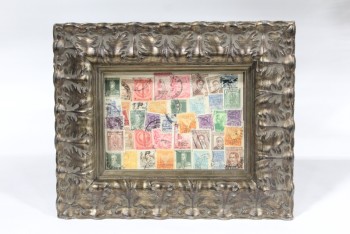 Wall Dec, Collection, CLEARABLE, FRAMED STAMP COLLECTION, INCLUDES REAL OLD POSTAGE STAMPS, FULL, COLLAGE, ORNATE FRAME, MULTI-COLORED