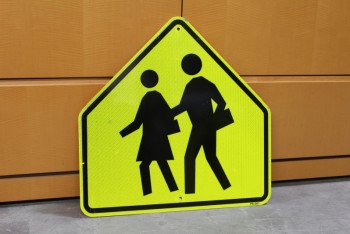 Sign, School, SCHOOL CROSSING SYMBOL, 2 CHILDREN WALKING, METAL, YELLOW