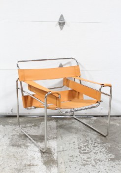 Chair, Armchair, MODERN, TUBULAR FRAME, ANGLED SEAT, TAUT BROWN LEATHER SLINGS, IN THE STYLE OF BAUHAUS / WASSILY, METAL, BROWN