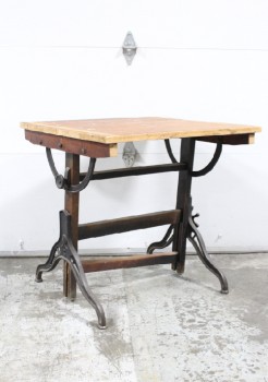 Table, Drawing, ANTIQUE, INDUSTRIAL, SQUARE WOOD TOP TILTS, IRON BASE, DRAFTING OR SIMILAR, WOOD, BROWN