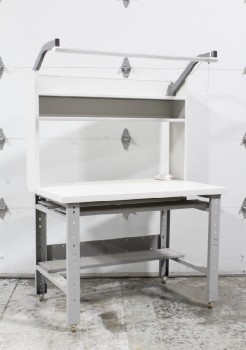 WORK BENCH W/OVERHEAD FLOURESCENT LIGHT BAR, JUST DESK W/O LIGHT BAR IS 69x48x30", WHITE WORK SURFACE TOP IS 36x48x30", WHITE UPPER SHELF, GREY METAL FRAME / LEGS, ROLLING, BULB NOT INCLUDED, Furniture