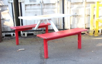Table, Picnic, OUTDOOR, PUBLIC / COMMERCIAL, WHITE TOP CONNECTED TO RED BENCH SEATS, AGED- Stored In Yard, Condition Not Identical To Photo, FIBERGLASS, RED