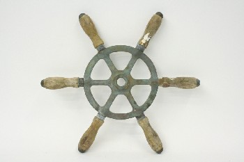 Decorative, Wheel, BOAT STEERING WHEEL W/WOODEN HANDLES,BRASS,VERDI-GRIS, METAL, GREEN