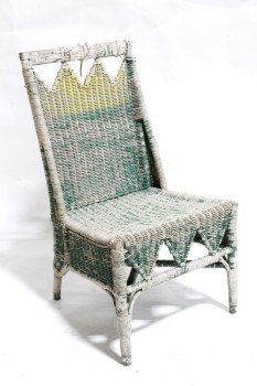 Chair, Rattan, NO ARMS,TRIANGULAR CUTOUTS,GREEN/YELLOW FADED PAINT, DISTRESSED, OUTDOOR/GARDEN/PATIO , WICKER, WHITE