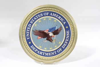 Wall Dec, Americana, ROUND GOLD FRAME,"UNITED STATES OF AMERICA DEPARTMENT OF DEFENSE" W/EAGLE , WOOD, MULTI-COLORED