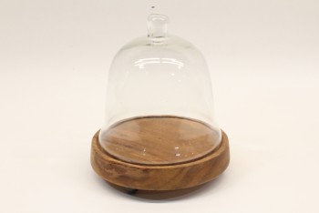 Decorative, Cloche, GLASS DOME/DISPLAY COVER W/ROUND KNOB, ROUND WOOD BASE W/BALL FEET, CHEESE SERVER, GLASS, CLEAR