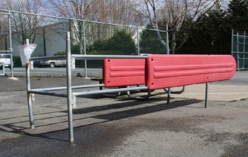 Cart, Shopping, SHOPPING CART CORRAL FOR GROCERY STORE / MALL PARKING LOT, RED PLASTIC SIDE BUMPERS, METAL FRAME, FREESTANDING, MULTIPLE PIECES, REQUIRES ASSEMBLY, METAL, RED