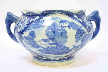 Vase, Urn, PAINTED BLUE ASIAN DESIGN W/HANDLES, CERAMIC, WHITE