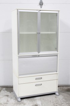 Medical, Cabinet, 2 FROSTED GLASS DOORS, 2 DRAWER BOTTOM, 1 ROLL UP DOOR, WHEELS REMOVED, WOOD, WHITE