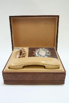 Phone, Rotary, TAN PHONE W/SILVER DIAL & FAUX WOODGRAIN  IN ORNATE BOX, PLASTIC, BROWN