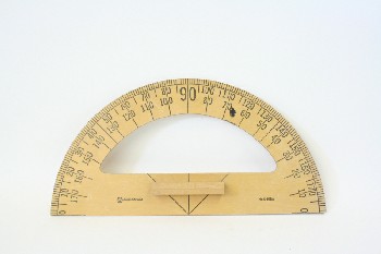 Tool, Drafting, CLASSROOM PROTRACTOR W/HANDLE,CUTOUT HOLE,MARKED ANGLES , WOOD, TAN
